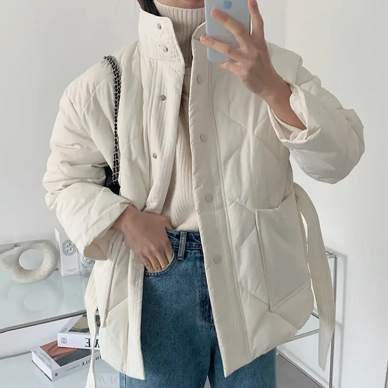 Winter Thick Solid Cotton Padded Coats Women Single-breasted Zippers Lace-up Female Parkas Stand Collar Female Jackets Outwear