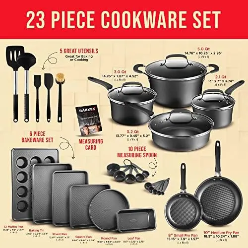 

Set \u2013 23 Piece \u2013Black Multi-Sized Cooking Pots with Lids, Skillet Fry Pans and Bakeware \u2013 Reinforced Pressed Alum
