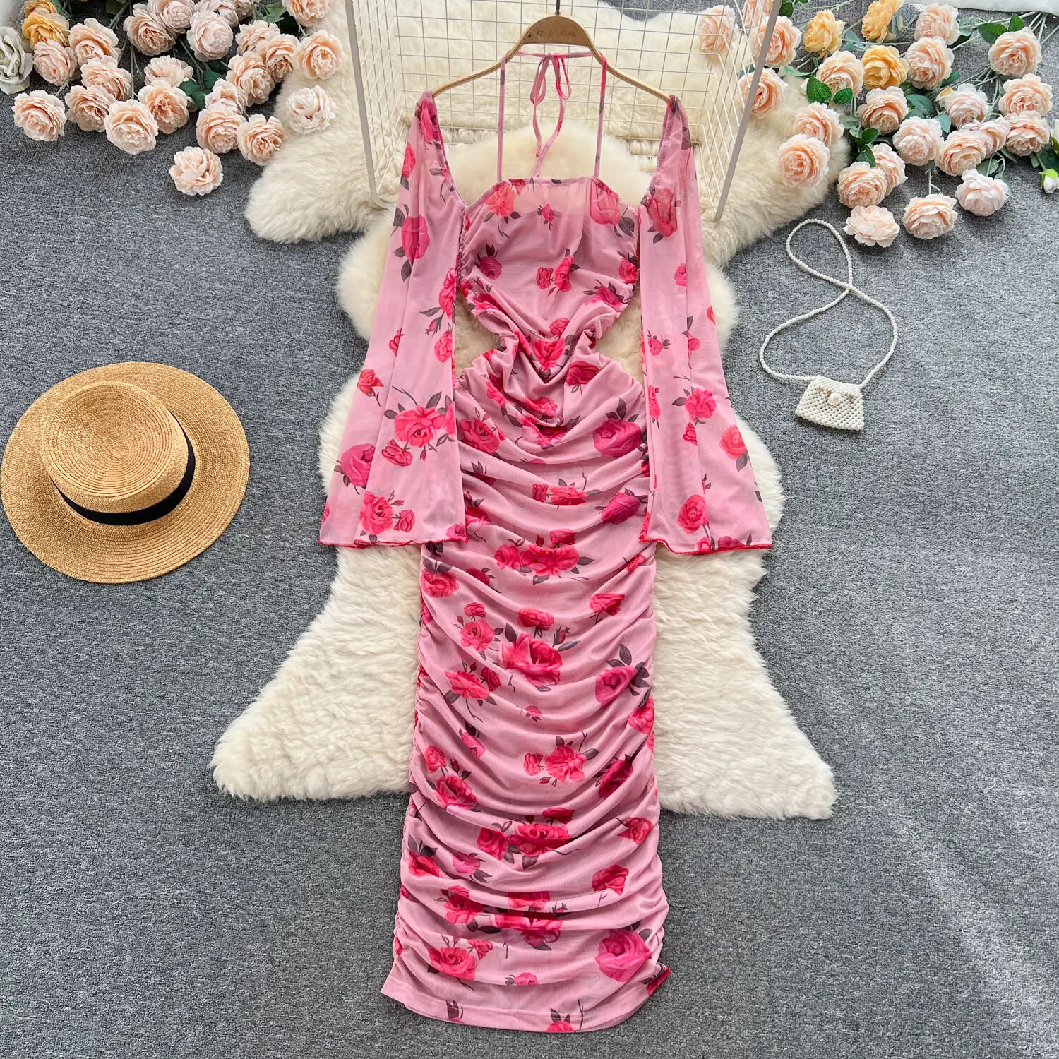 

Женское элегантное плиссированное платье с длинным рукавом и принтом