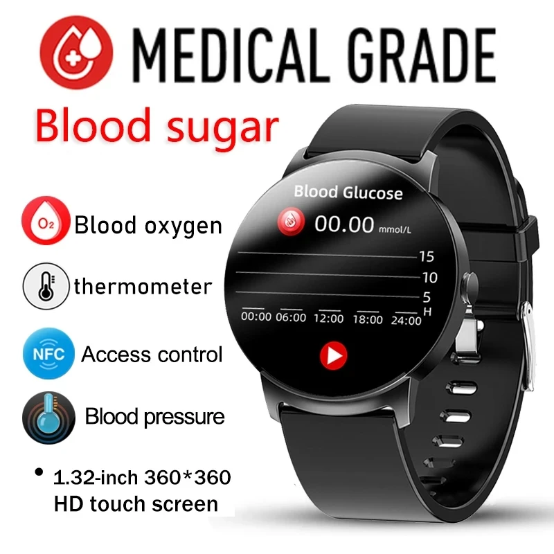 

SACOSDING NFC Non-Invasive Blood Glucose Smart Watch Blood Pressure Heart Rate Measurement Watches Body Temperature Measurement