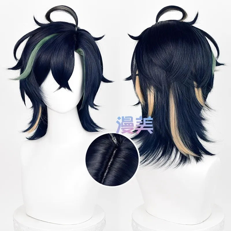 Парик для косплея Kinich Game Genshin ударопрочный 35 см короткие волосы с синим и зеленым