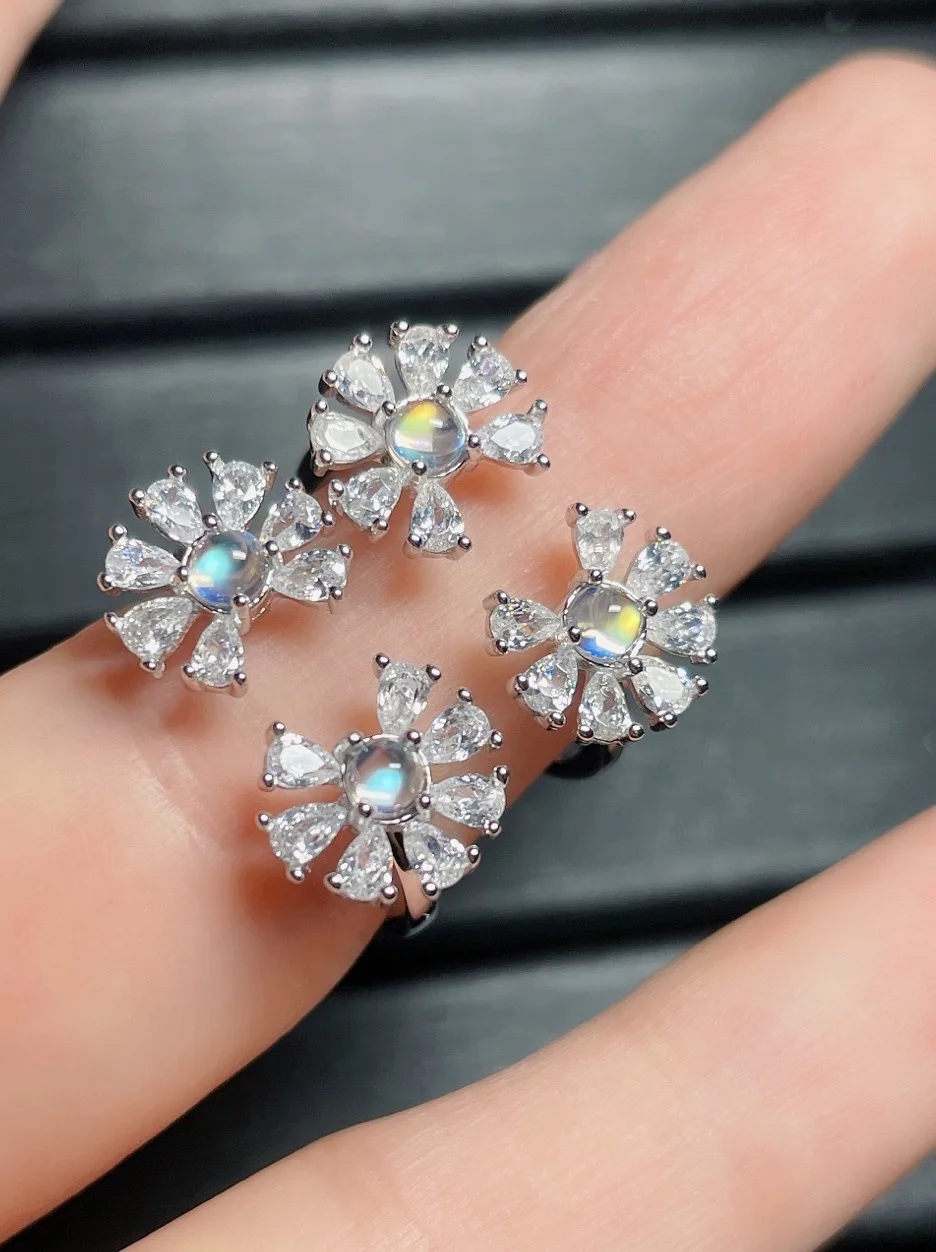 

New Luxury S925 Sterling Silver Natural Indian Moonlight Stone Charm Flower Opening Design Ring Without Optimized Main Stone