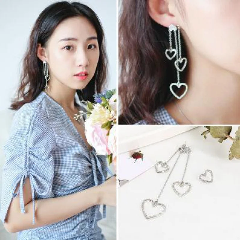 Асимметричные темпераментные серьги-гвоздики S925 в южнокорейском стиле с сердечками, милые женские украшения