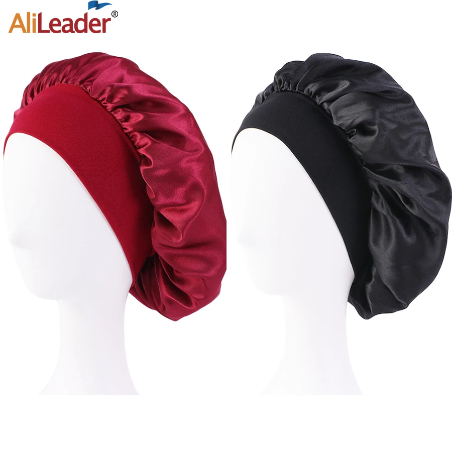 Women Soft High Wide Elastic Bonnet Hair Styling Cap 15 Color Solid Satin Bonnet Long Hair Care Headscarf Silk Night Sleep Hat