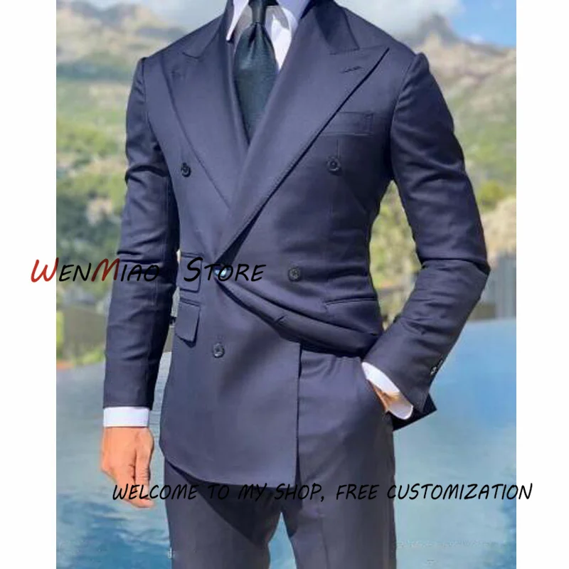 Men's Suit 2 Piece Double Breasted Jacket Business Formal Tuxedo Navy Blue Pointed Lapel Blazer Pants Set conjuntos de chaqueta