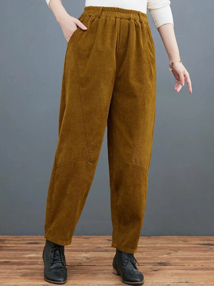 

2022 Autumn Winter New Retro Corduroy Harem Pants Women's Elastic Waist Fashion Stitching Casual Women's Pants Korean Fashion