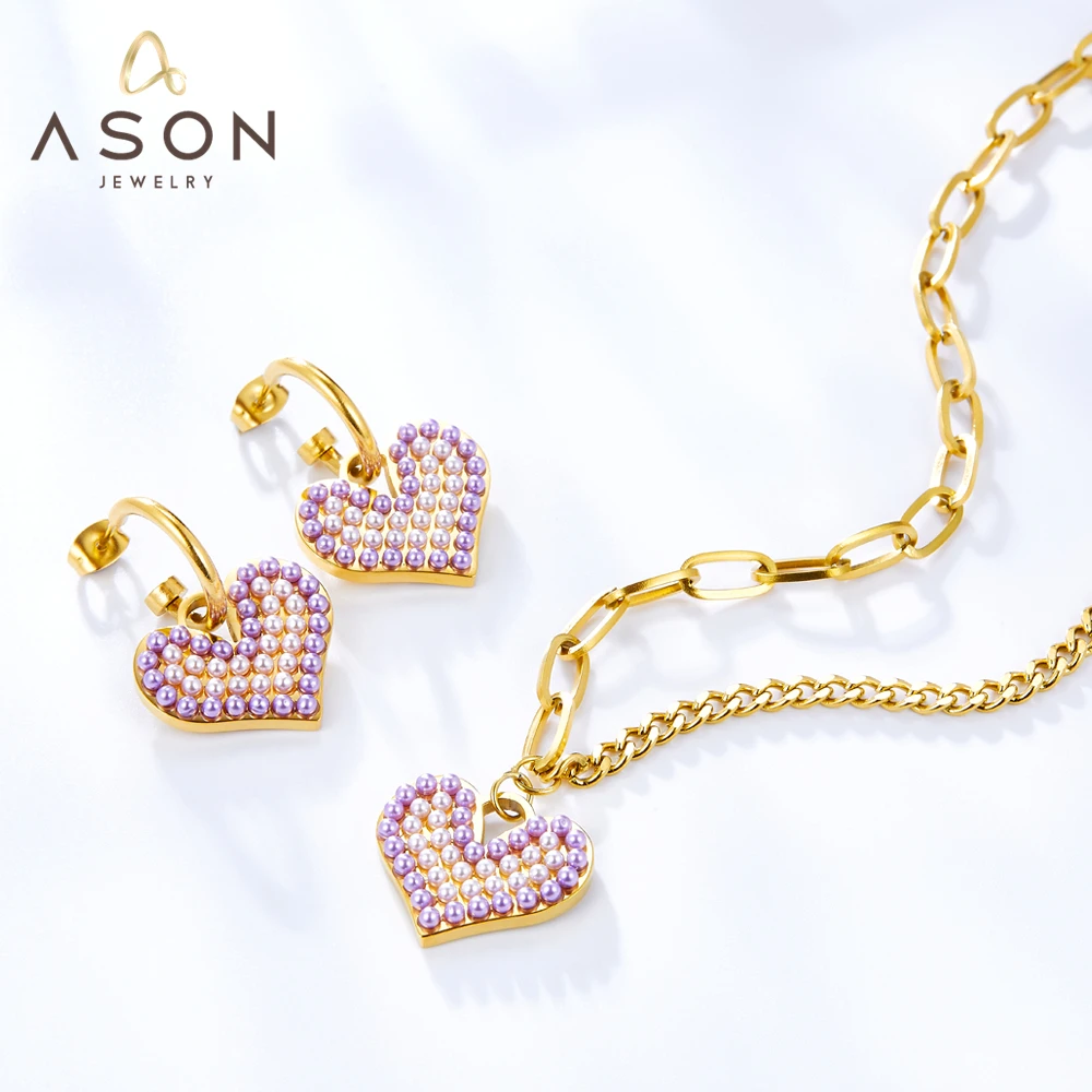 

ASONSTEEL Heart Shape Necklace Earrings Jewelry Set Stainless Steel Gold Color With Purple White Pearl For Women Sweet Daily