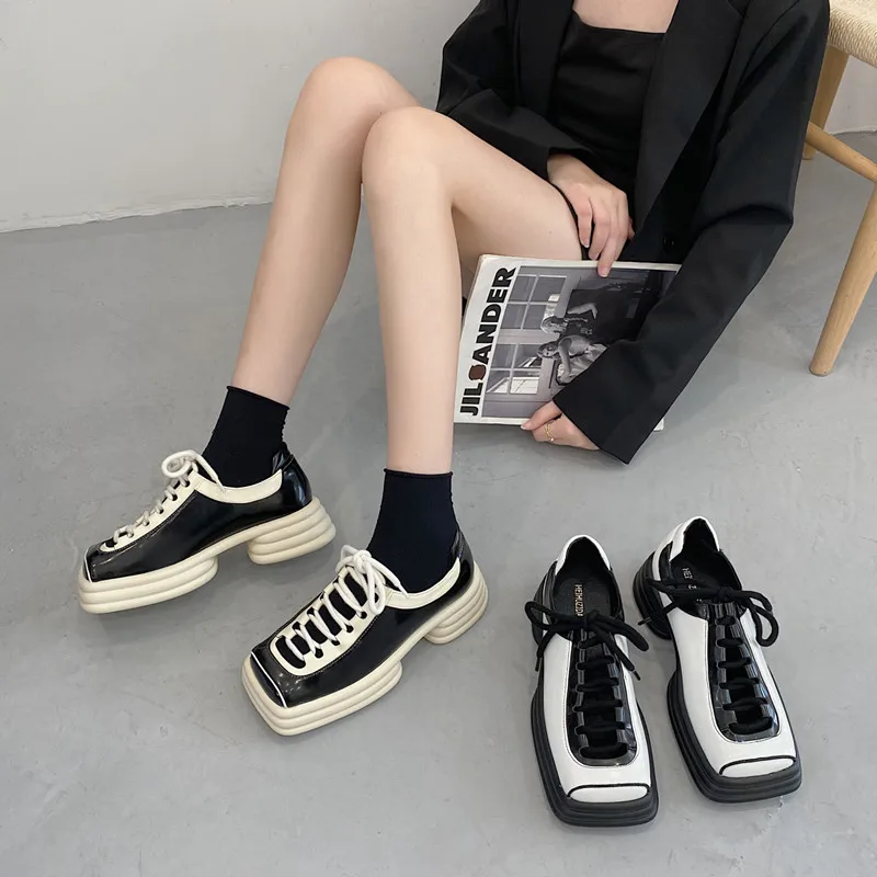 

New Autumn Thick Bottom Square Toe Small Leather Shoes Women's Retro British Style Lace-up Platform Shoes Small Single Shoes
