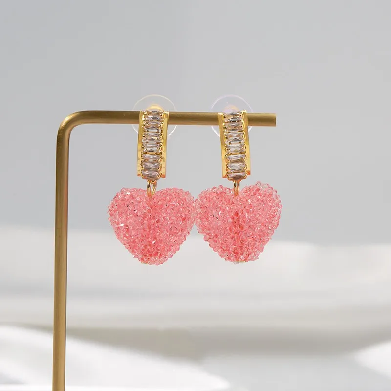 

2022 New Fashion Sweet Pink Heart Drop Earrings Korean Lovely Temperament Fine Crystal Trend Women Dangle Earrings Jewelry