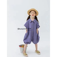 2022 spring new korean style children casual overalls kid purple turn down collar short sleeve toddlers kids loose jumpsuits