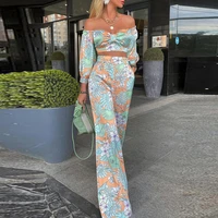 fashion autumn 2 piece sets women holiday beach summer puff sleeve tops elegant long print higeh waist pants lady suits mujer
