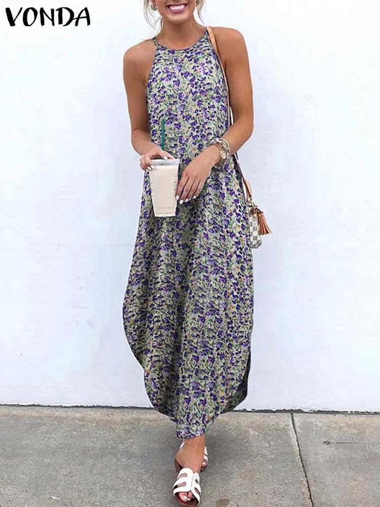 

VONDA Summer Fashion Printed Long Maxi Sundress Feminina Halter Dress 2022 Asymmetrical Beach Dresses Women Sleeveless Sexy Robe