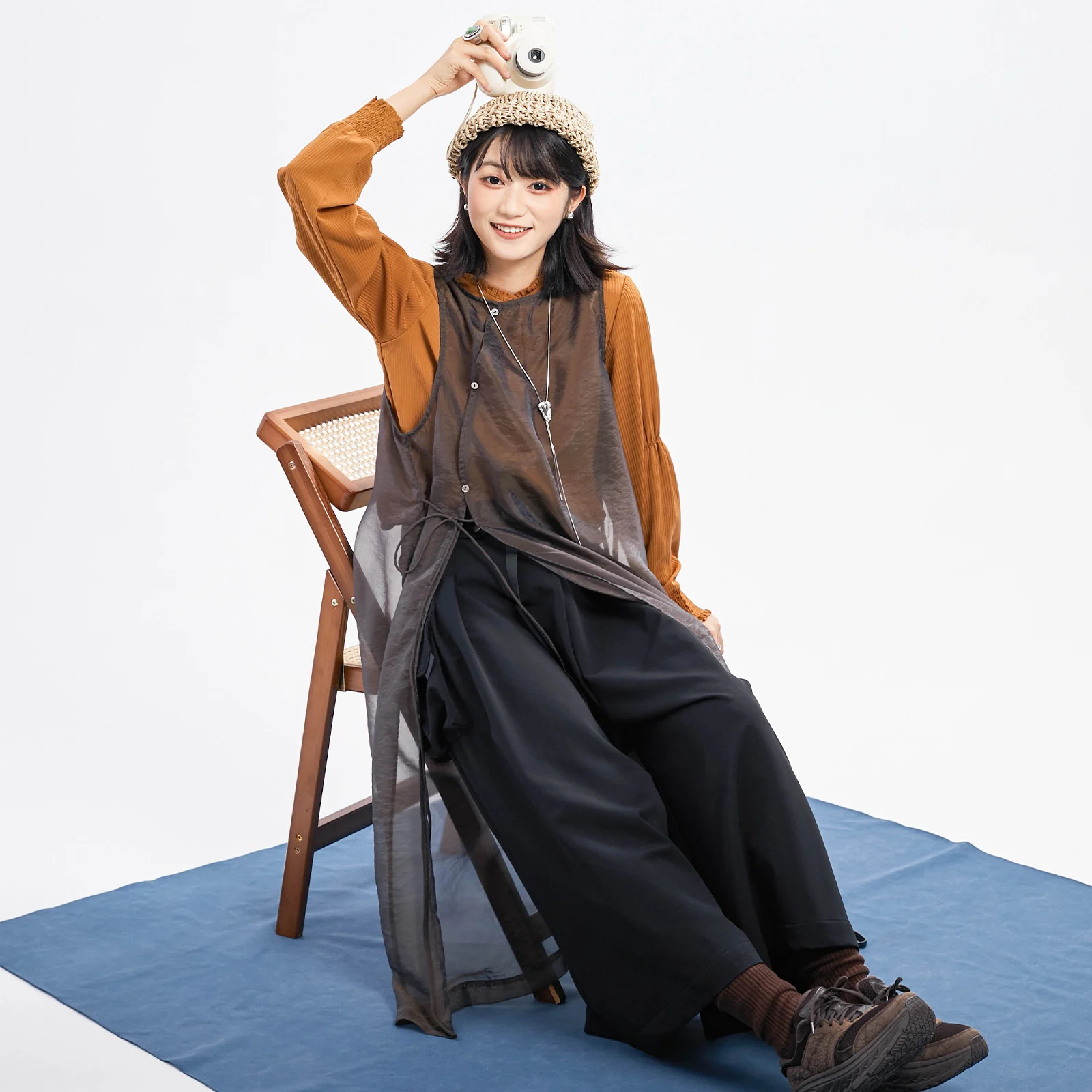 Inkday Japan модный легкий ретро жилет из органзы с диагональной планкой женский