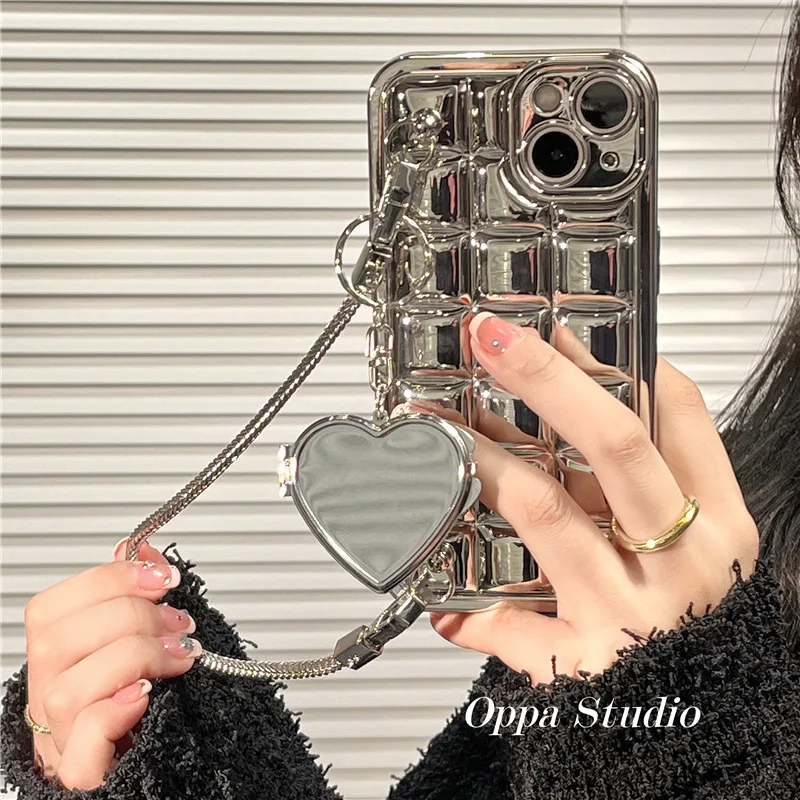 

Luxury Mirror Chain Girly Phone Cases Silver Check Mirror Female High-end Case For iPhone 14promax 13Pro 12 11 XR XS Anti Fall