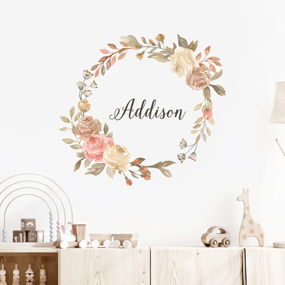 Custom Name Floral Wreath Roses Foliage Watercolor Wall Sticker Vinyl Nursery Removable Wall Decals Kids Bedroom Home Decoration