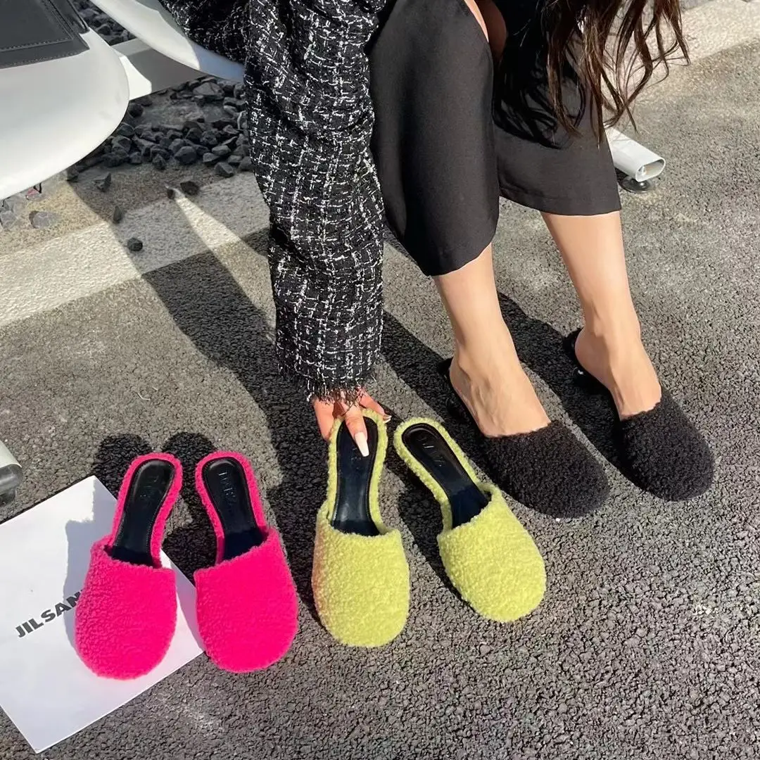 

Fur Women Slippers Round Toe Slides Mules Shoes 2023 New Arrivals Thin Mid Heels Black Green Rose Fashion Dress Shoes Woman 39