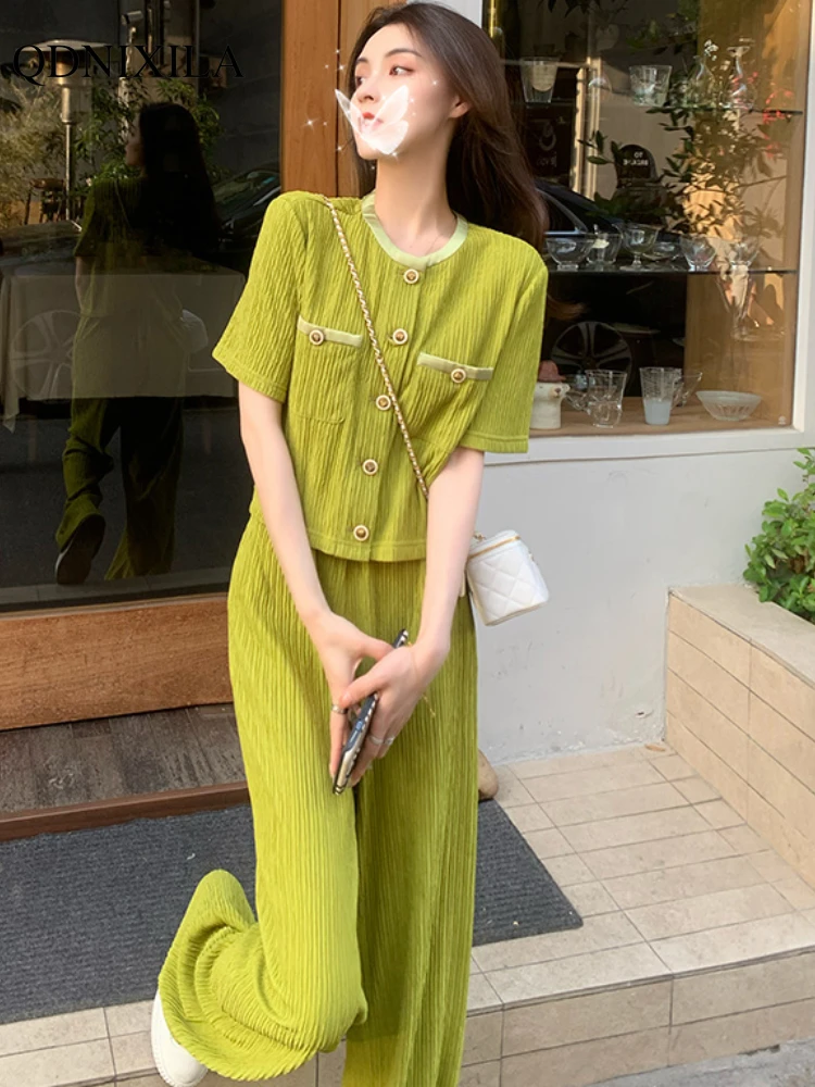 

New Women's Summer Pants Set Fashion Luxury Elegant Short Sleeve Shirt Top Casual Wide Leg Trouser Sets Matching Two Pieces Set