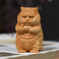 wood carving cat shape mascot crafts decoration lucky cute animal car toy twelve zodiac tiger wooden desktop decoration