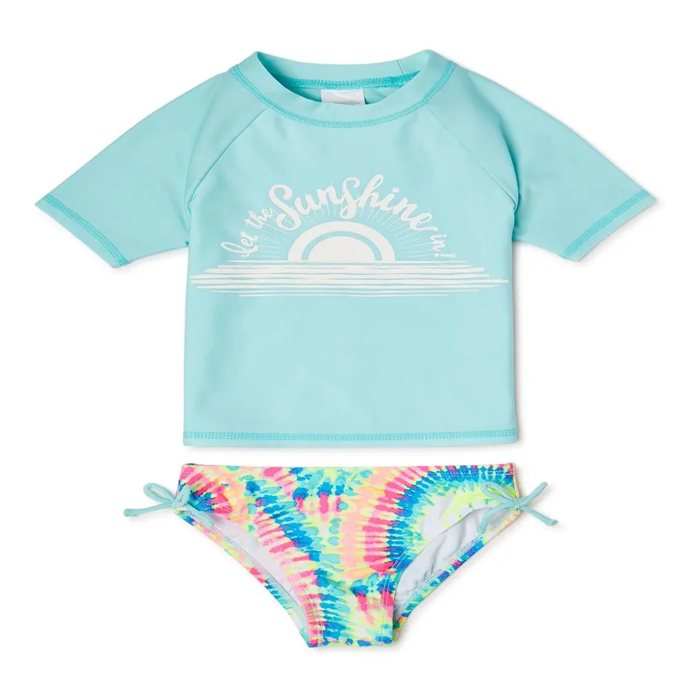 

Girls Short Sleeve Rash Guard with Color Changing Graphic and Bottoms, UPF 50+, 2-Piece Swim Set, Sizes 4-16