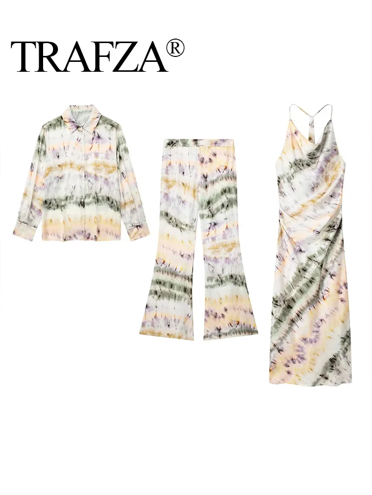 

TRAF ZA Summer Women Tie Dye Vintage Long Sleeve Blouses Shirts Dress Top Casual 3 Suit Loose Blouses Streetwear Button Shirt