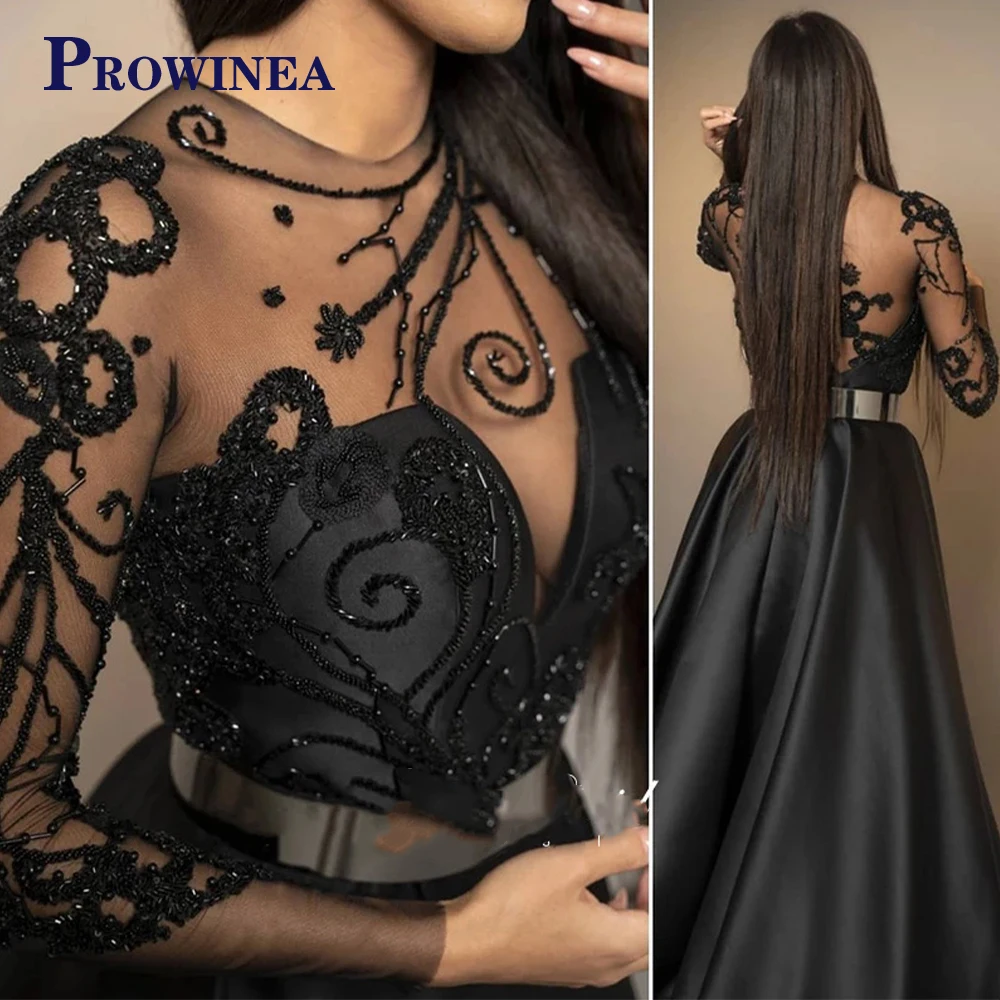 

PROWINEA Arabic Black Long Sleeve Evening Dress 2023 Luxury Dubai Beaded Formal Party Gowns High Slit Sexy Custom Made Plus Size