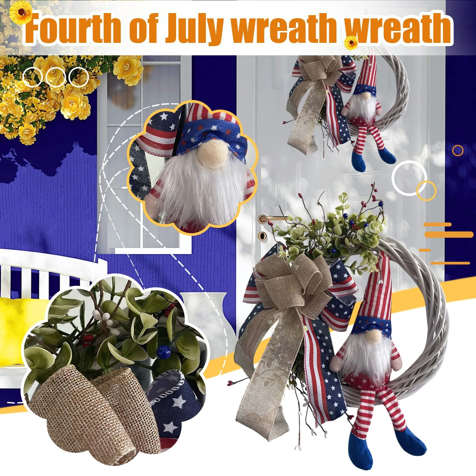 

Artificial Family Circle Wreath Decorative Pendant Flower Day Cane Independence Home Decor