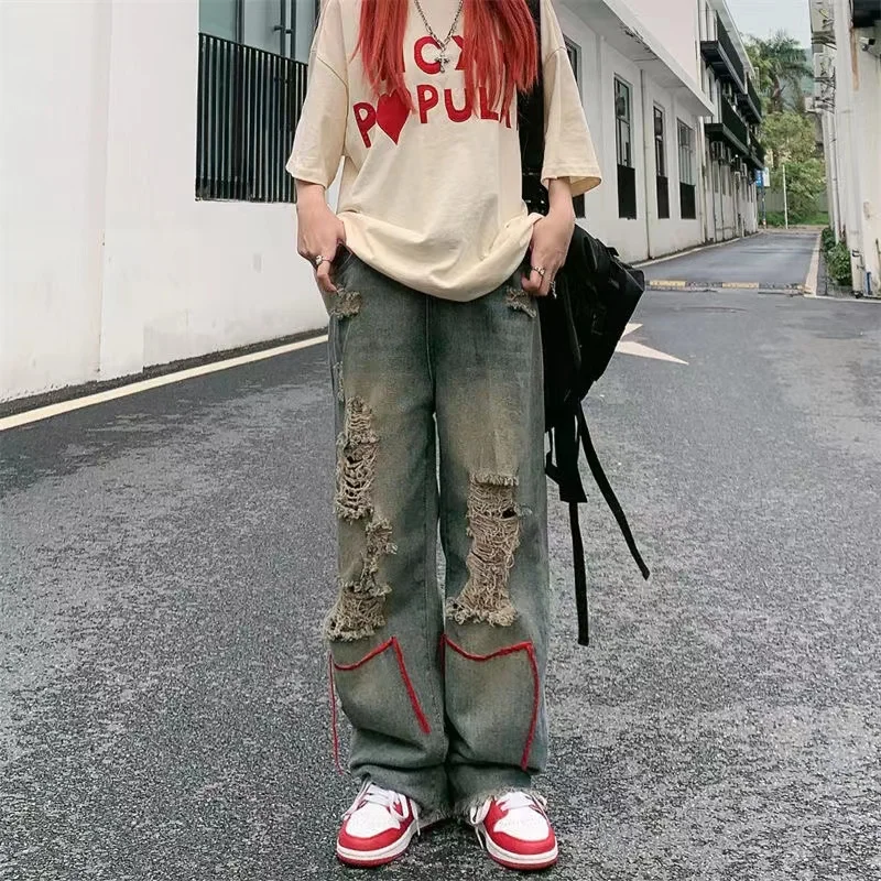 

Hole Trend Girl Denim Straight Pants Y2K Hiphop High Street Retro Hot Hig Waist Baggy Wide Leg Jeans Woman