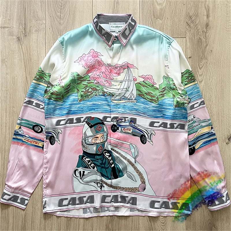 

Long Sleeve Casablanca Shirt Men Women Hawaii Beach Hawaiian Automobile Printing Top Silk Shirts