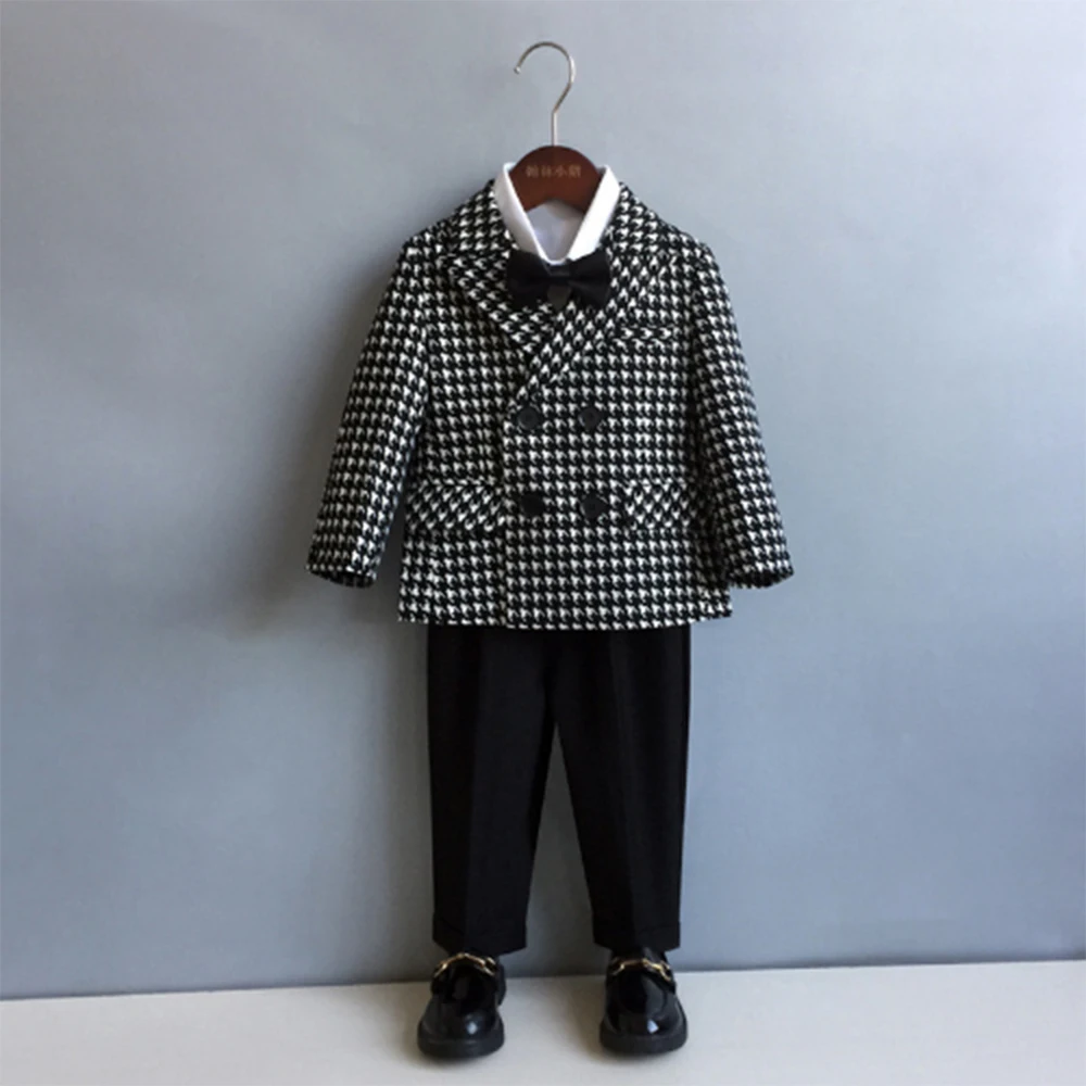 

Blazer Pants Houndstooth Boy's Suit Double Breasted 2 Piece Dress Suits for Birthday Party Luxury Elegant Children's Set Outfit
