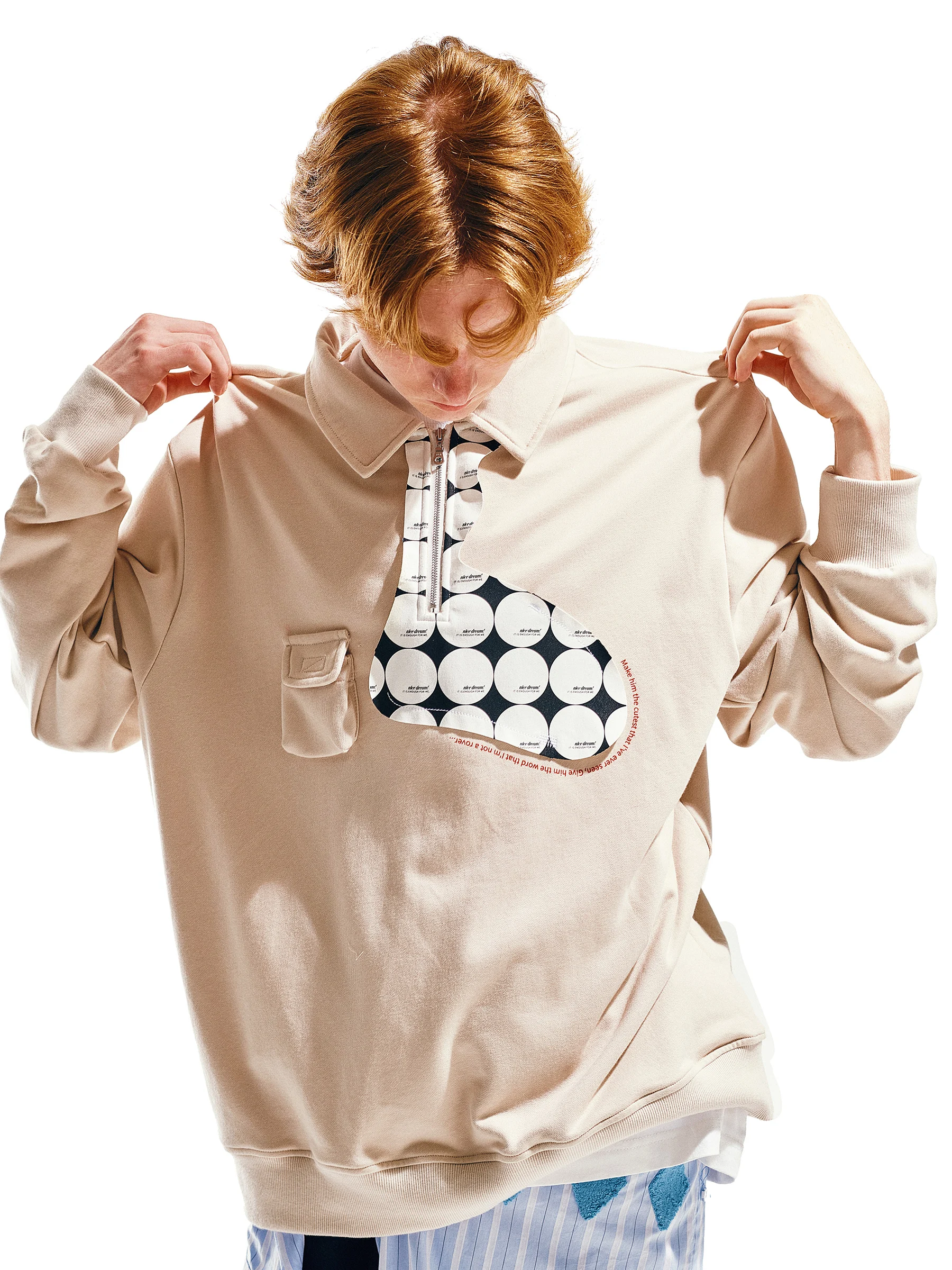 EAFINETAL. 22AW Irregular Placket Ruthless Print Embroidered Panels Placket Zipper Lapel Pullover Sweatshirt