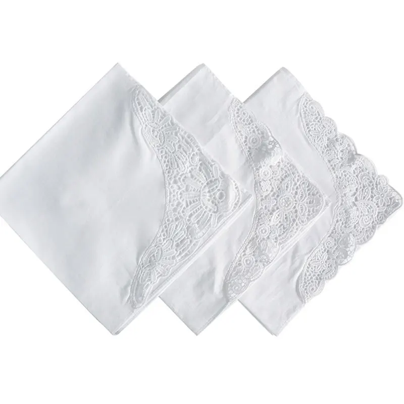 3PCS Luxury Cotton Women White Hankies Embroidered Lace Flower Hanky Floral Random Color Cloth Ladies Handkerchief Fabrics