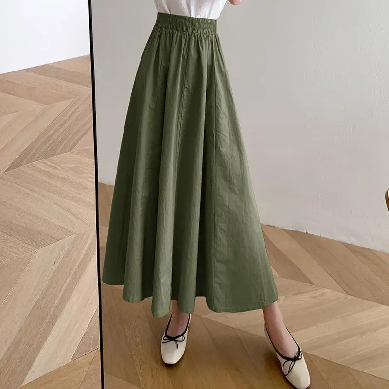 

Skirts Women Solid Mid-calf Elegant Korean Style Retros New Spring Loose High Waist A-line Fashion All-match Chic Midi Faldas