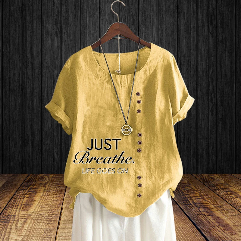 

Lady's T Shirt Top for Women O Neck Cotton Linen Casual English Words Printed Summer Short Sleeve Women's Clothing Pullover