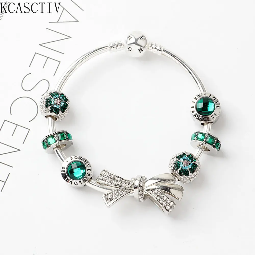 Wholesale New Diamond Bow Luxury Bracelet Green Beaded Snake Bone Women Charm Pandora Bracelet