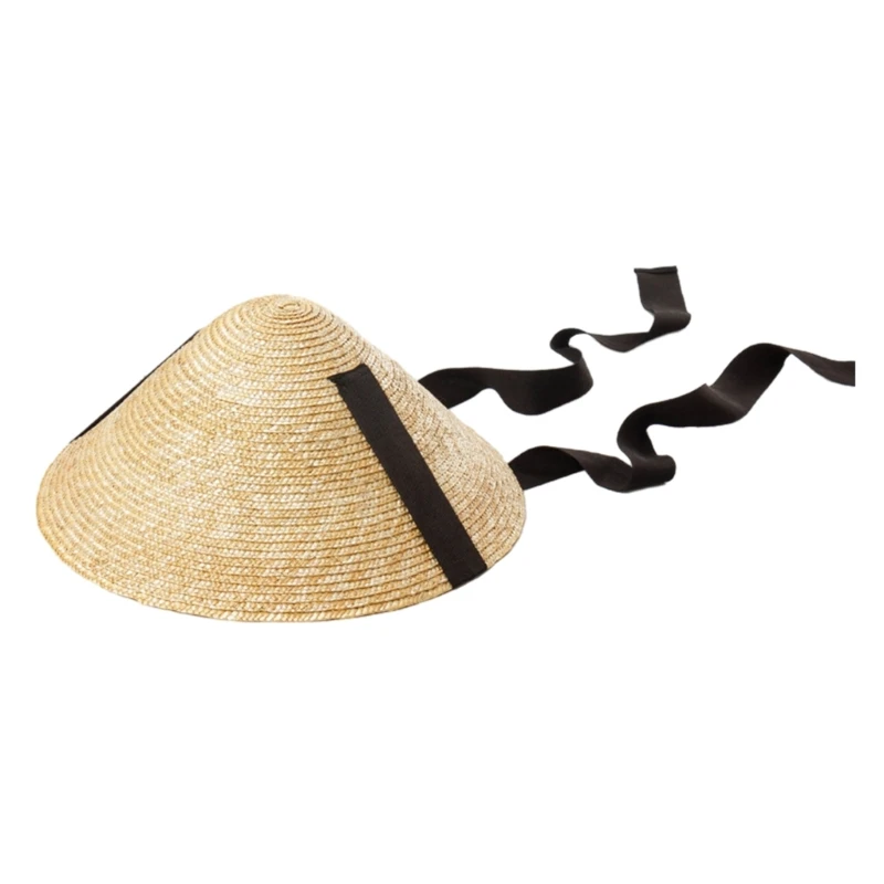 

Portable Wide Brim Sun Hat Straw Weaving Traditional Cap for Kids Sunproof Summer Cone Hat with Adjustable Chin Rope 57BD