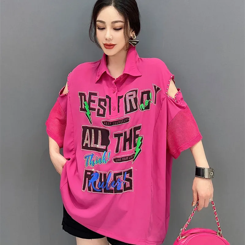 

2023 Summer Holes Summer Tops Women Polo Collar T Shirt Casual Loose Short Sleeve Tees Clothing Camisetas de verano para mujer