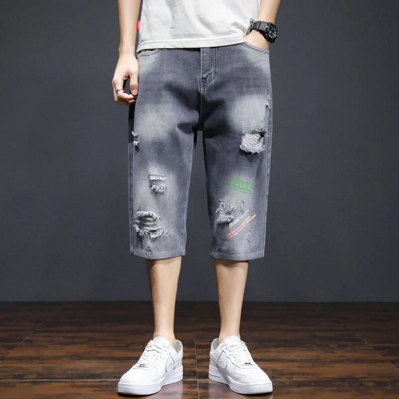 Summer New Men's  Cotton Ripped Denim Pants Casual Shorts Male Hole Calf-Length Jeans Youth Streetwear Straight Retro Trousers