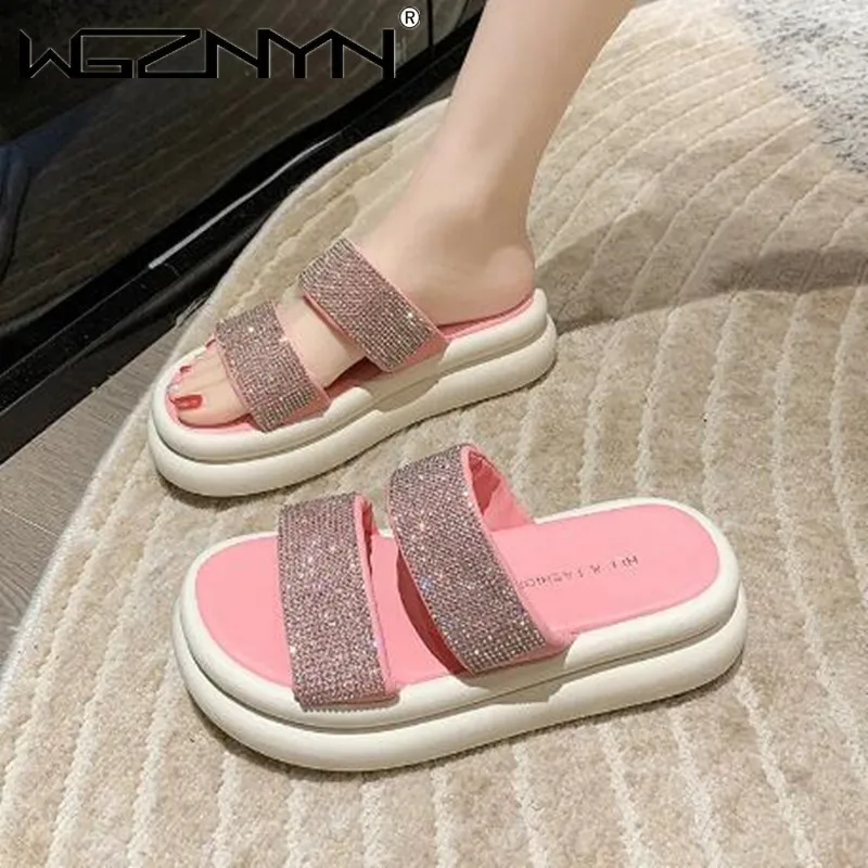 

Fashion Platform Sandals Crystal Double Band Muffins Summer Shoes Woman Gladiator Sandalias Back Strap Glitter Beach Slippers