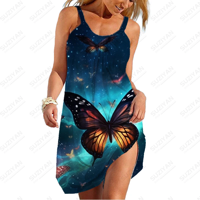 

Женское платье на бретельках, платье с 3D принтом бабочки, модное повседневное свободное платье на бретельках для лета