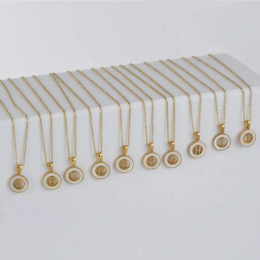 

26 Initial Letters Pendant Necklaces Elegant Hollow Round Natural Shell Necklace for Women Waterproof Daily Jewelry