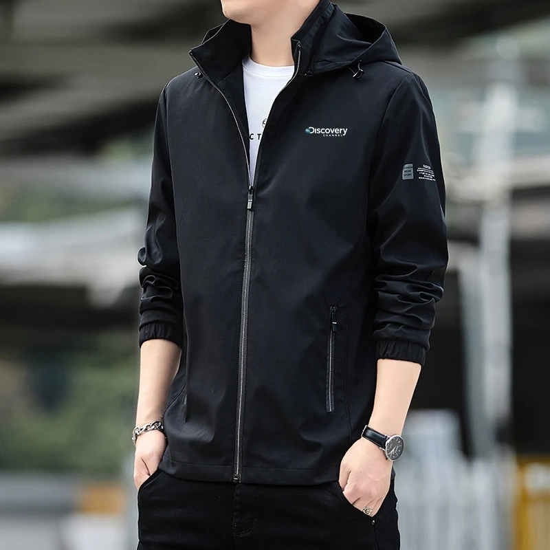 

2023 New Men's Jackets Detachable Hat Autumn Thin Coat printing Jackets for Men Korean Hood Casual Black Coat Windbreaker Male