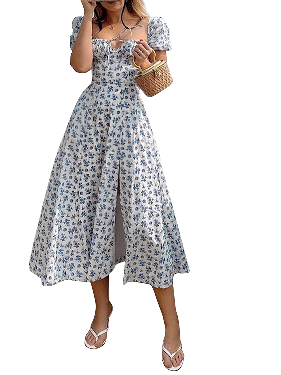 

Женское летнее платье BEAFNKSG с разрезом по бокам, с цветочным принтом, с квадратным вырезом и короткими рукавами-фонариками, свободное платье с высокой талией в богемном стиле, Пляжное Платье