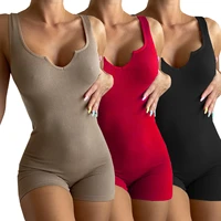 2022 spring hot women ribbed solid color v neck jumpsuit sleeveless high waist bodycon short jumpsuit romper outfits