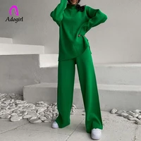 fitness solid long sleeves green casual mock neck sweater tracksuit women elastic high waist loose wide pant set pocket 2 piece