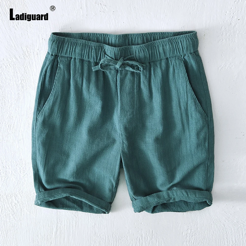 Ladiguard Plus Size 4xl Men Casual Linen Shorts 2022 Summer New Sexy Lace-up Shorts Male Fashion Leisure Short Pants Green Khaki