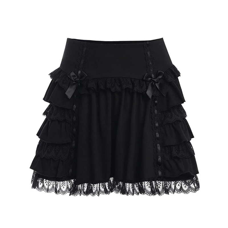 

2023 New Women Gothic High Waist Mini Pleated Skirt Harajuku Bowknot Lace Trim Splicing Tiered Ruffle Hem A-Line Clubwear