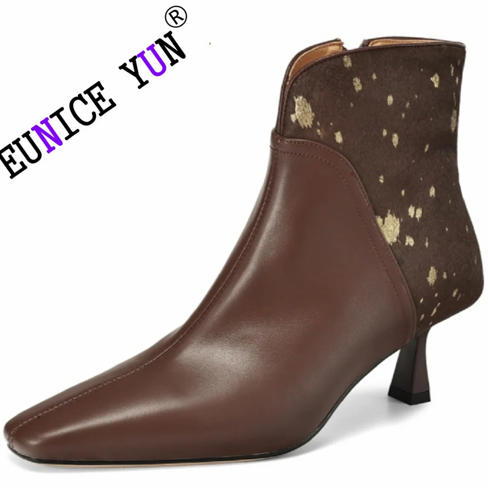 Женские ботильоны из коровьей и конской кожи с квадратным носком на тонком