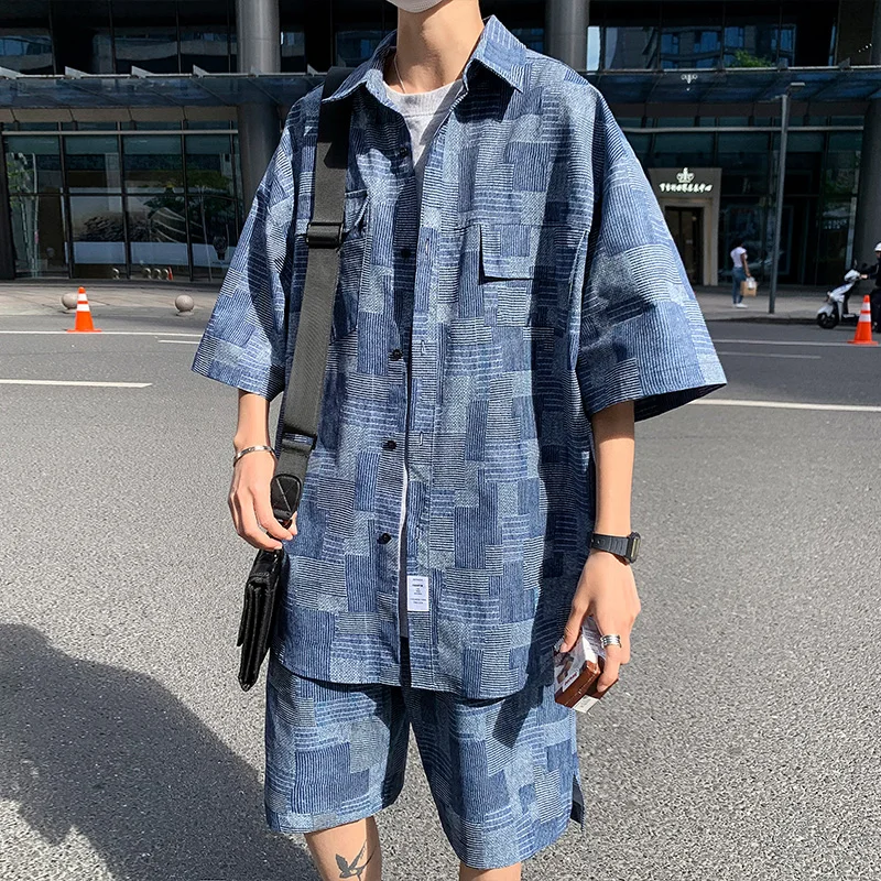 

2022 Summer Man Sets Short Sleeve Oversized Shirts Shorts Korean Style Patch Plaid Casual Short Suit Clothing Men Black Blue 5XL
