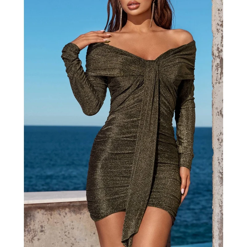 

Женское сексуальное платье с глубоким V-образным вырезом и длинными рукавами, блестящее облегающее клубное мини-платье с рюшами, наряды для ...