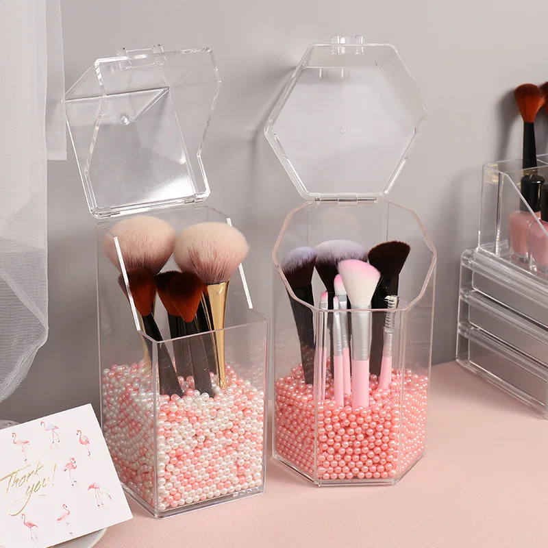 

Pearl Clear Acrylic Cosmetic Organizer Transparent Flip Cover Cosmetic Box Makeup Brush Storage Box Pencil Desktop Accessories
